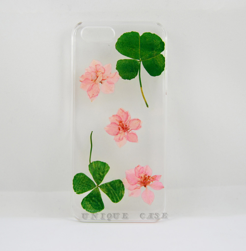 Pressed Flower Iphone 4s Case Real Flower Iphone 5 5s 5c Case, Four Leaf Clover And Pink Larkspur Iphone 6 Case, Real Flower S2 S3 S4 Mini S5 Lg